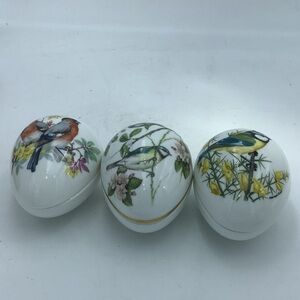 Three English Bone China Egg - Shaped Trinket Boxes with Bird Design